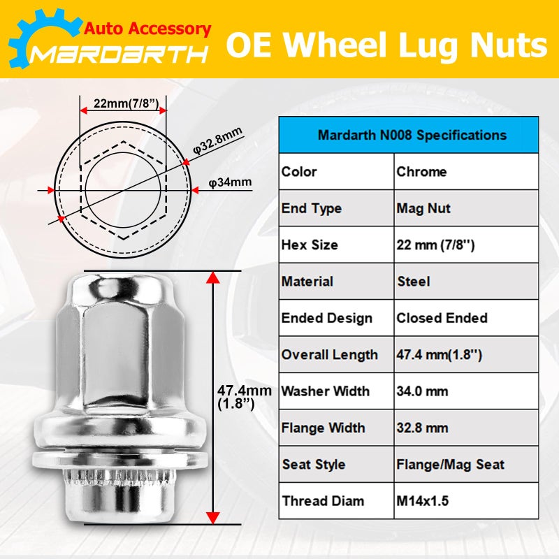 Mardarth Set of 20, 14x1.5mm OEM Style Factory 1.80 Inch 7/8 22mm Hex Mag Washer Lug Nuts Compatible with Sequoia Landcruiser Tundra Lexus LX - Image 2